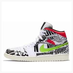 Air Jordan 1 Nike Mid All-Over Logos Chaussure De Basketball Homme Noir Blanche Rouge Vert | JD-613HW