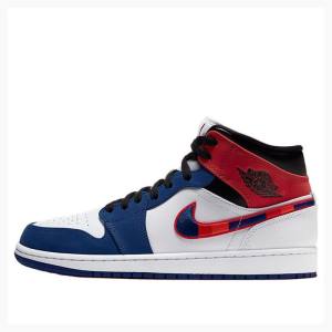 Air Jordan 1 Nike Mid SE Chaussure De Basketball Homme Blanche Bleu Rouge | JD-389FN