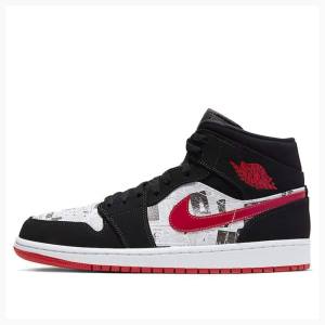 Air Jordan 1 Nike Mid SE Newspaper Air Times Chaussure De Basketball Homme Noir Blanche Rouge | JD-649AH