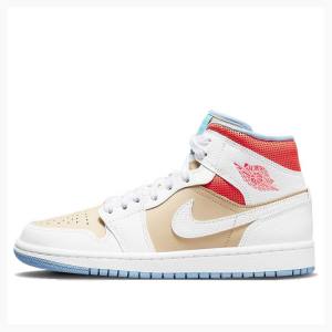 Air Jordan 1 Nike Mid Sesame (W) Chaussure De Basketball Femme Blanche Rouge Marron | JD-125NQ