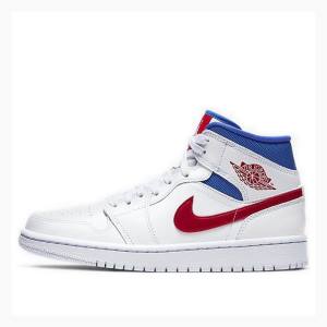 Air Jordan 1 Nike Mid USA Chaussure De Basketball Femme Blanche Bleu Rouge | JD-710LC