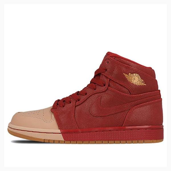 Air Jordan 1 Nike Retro HI PRM University Tan Chaussure De Basketball Femme Rouge Rose | JD-158XK